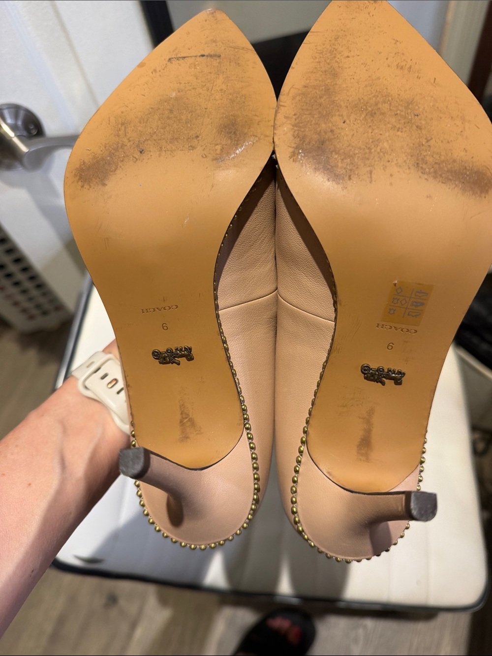 Coach Nude Leather Pointed-Toe Pumps with Gold Bead Trim - Picture 4 of 6